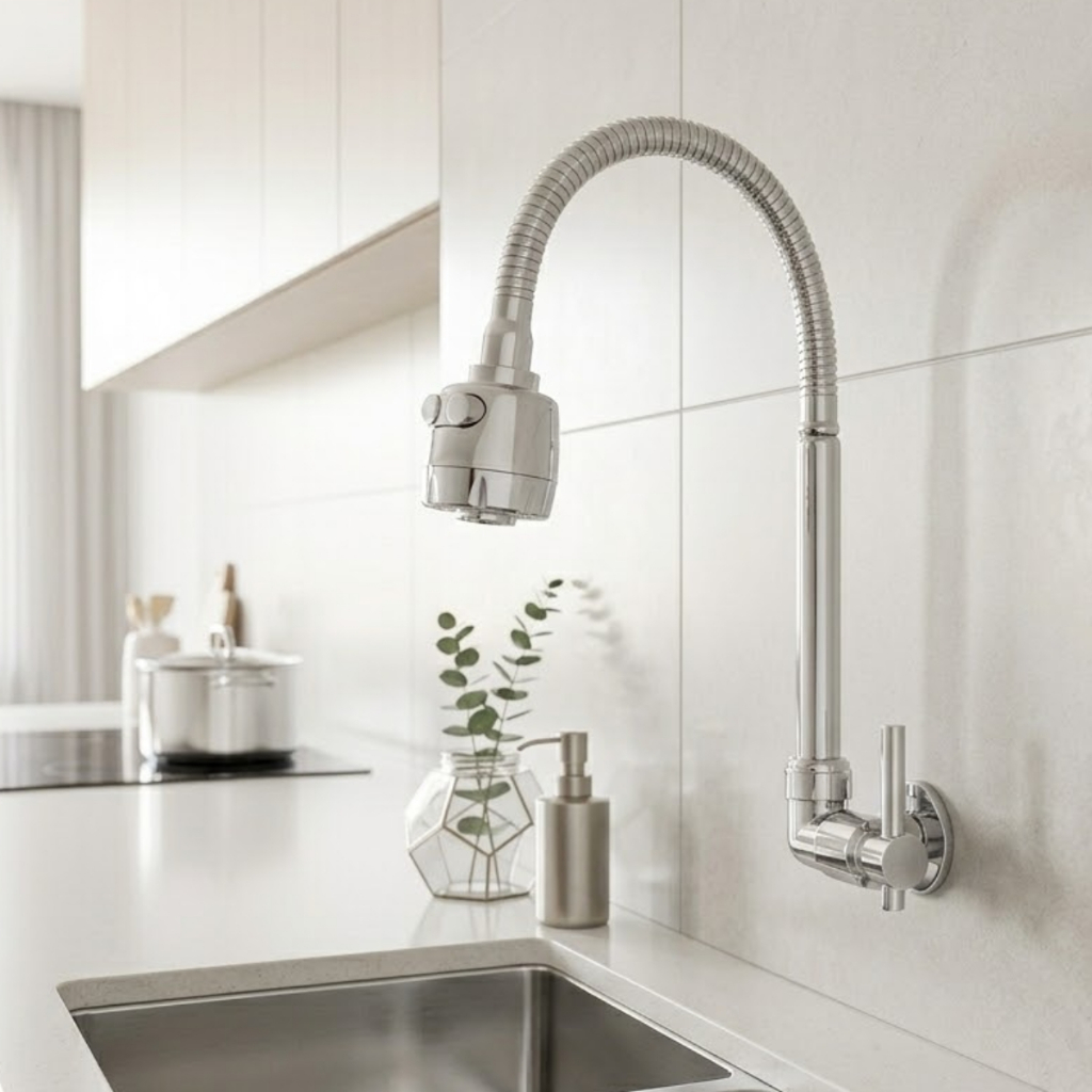 TORNEIRA DE PAREDE COZINHA GOURMET CORPO DE METAL BICO AREJADOR JATO DUPLO FLEXIVEL EM ABS CROMADO