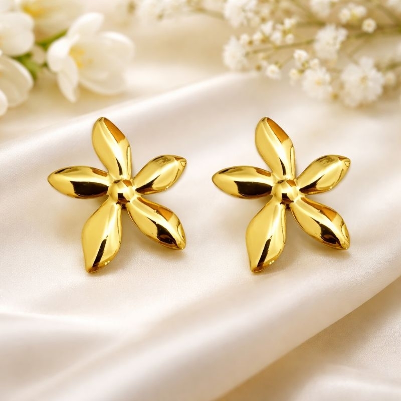Brinco Flor Leve Mãe Filha Grande Festa Dourado Dupla Camada Aço Não Escurece Luxo Linha Requinte