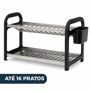 Escorredor de Louça 16 Pratos Preto em aço Inox com Porta Talheres Pia Cozinha organizado…