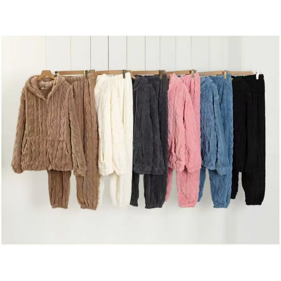 Pijama Feminino Peluciado Inverno Fleece Com Zíper Conjunto Quente Homewear Confortável