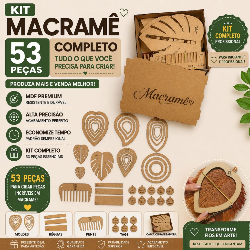 Kit Macramê MDF 53 Peças Moldes Gabaritos Réguas Pente Tags Artesanato Completo