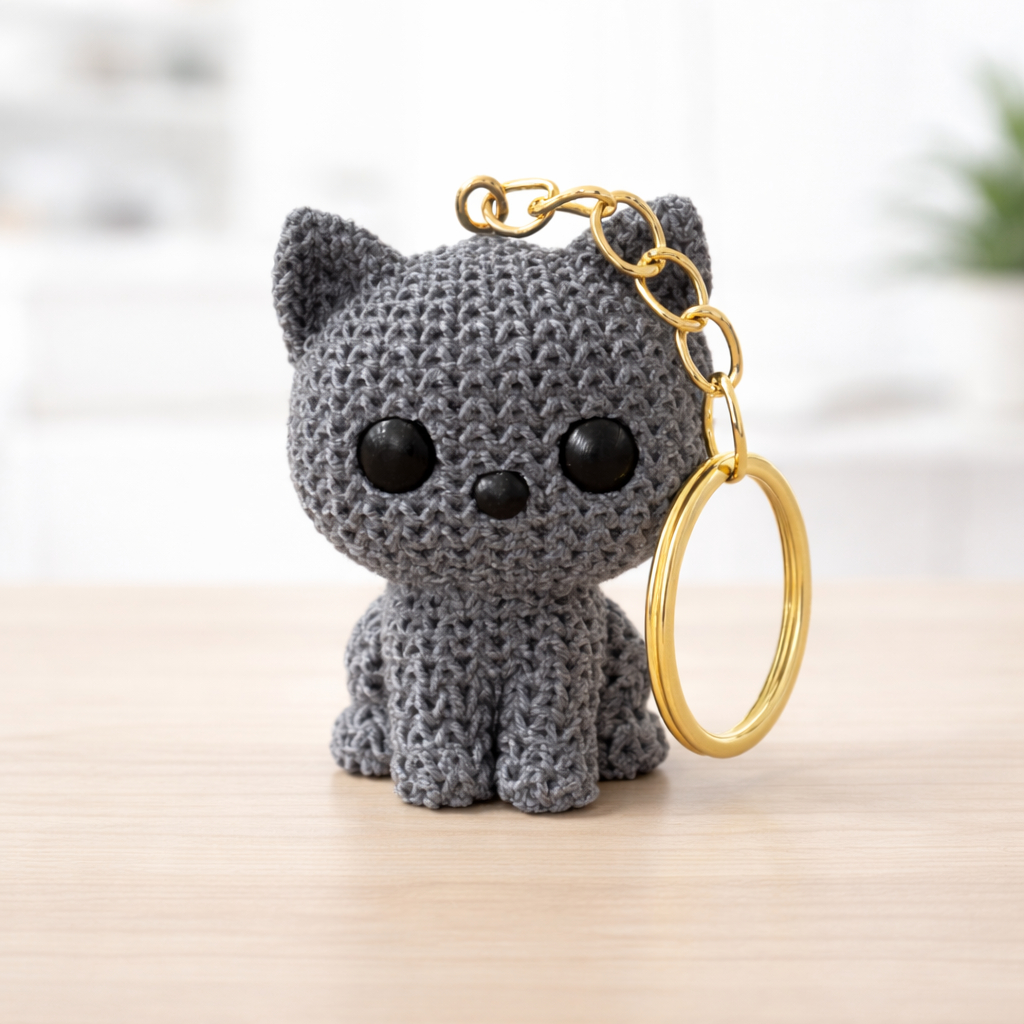 Chaveiro Gatinho Fofo em Plástico Estilo Efeito Tricô Amigurumi Mini Cute | Presente Criativo e Decorativo
