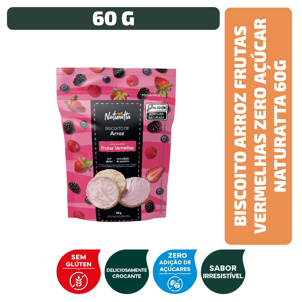 Biscoito Arroz Frutas Vermelhas Zero Açúcar Naturatta 60 g
