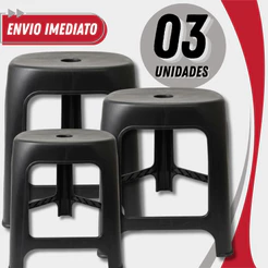 Kit 03 Banquetas Preta Plástico Reforçado Alta Qualidade Suporta Até 120Kg Resistente