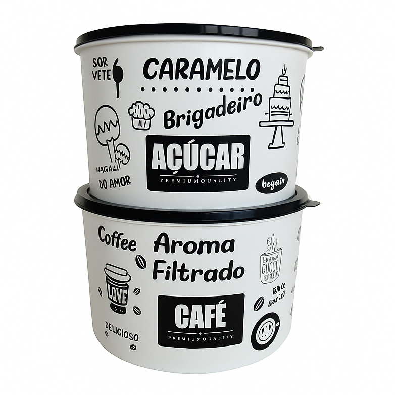 Jogo 2 Potes Porta Mantimentos Café e Açúcar 2 Litros Grande Organizador Cozinha Premium Hermético