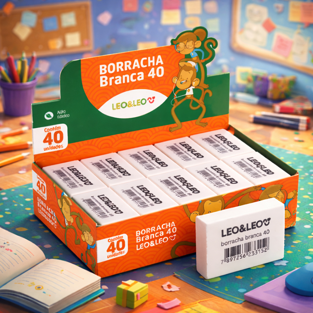 Borracha Branca Escolar Leo&Leo Caixa com 40 Unidades Macia
