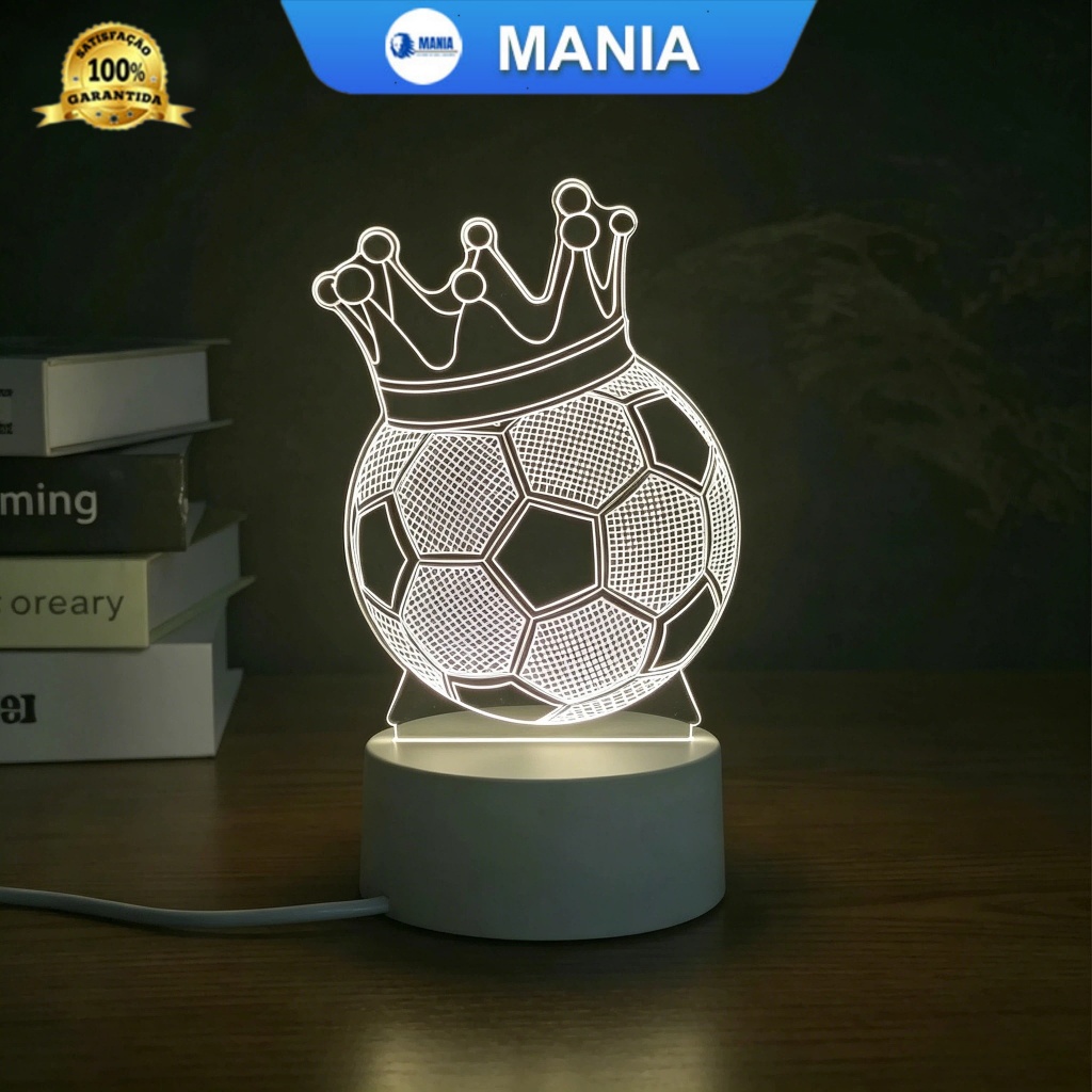 Luz Noturna LED 3D Bola de Futebol Coroa, Luminária Infantil 7 Cores Decoração Quarto