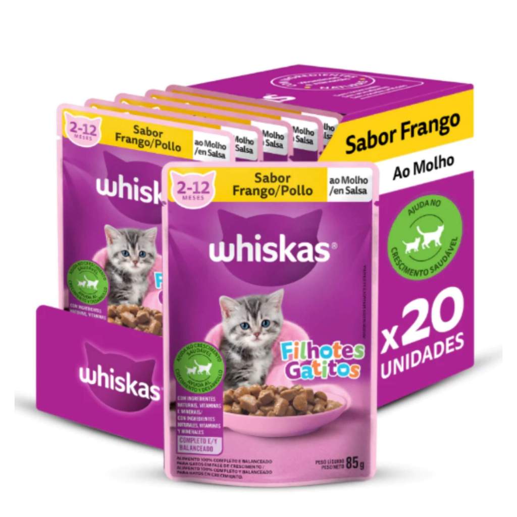 Kit com 20un Ração Úmida Whiskas Sachê Frango Gato Filhote 85g