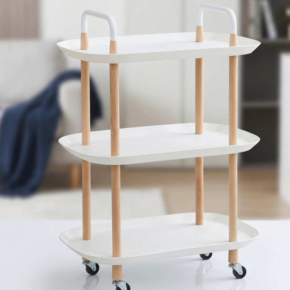 Carrinho Organizador 2 ou 3 Prateleiras Andares Multiuso Rack Branco Amadeirado Premimum Sala HOme