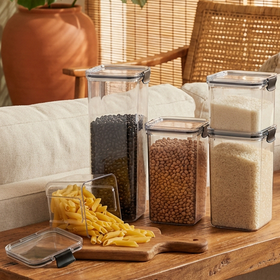 KIt 5 Potes Hermeticos Acrilico Cristal Com Trava Empilháveis Porta Mentimentos