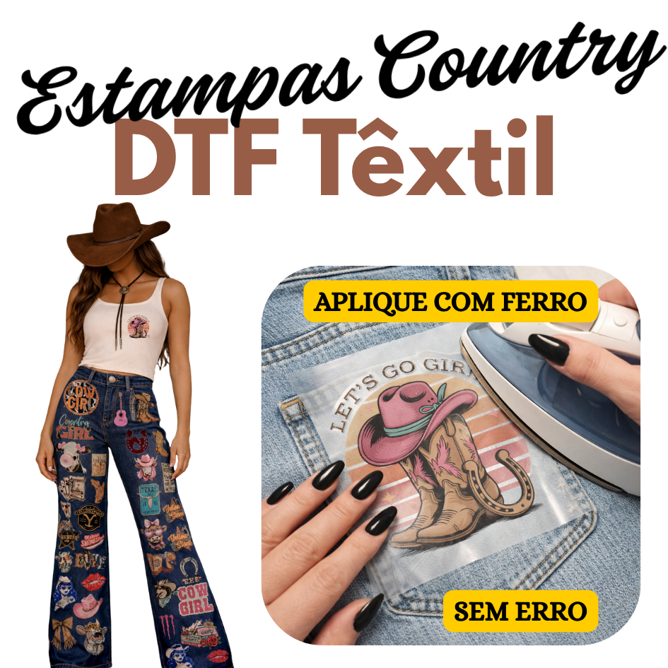 DTF Têxtil Country Termocolante | Estampa p/ Calça Jeans, Camiseta | Alta Durabilidade | Fácil Aplicação | ENVIO RÁPIDO
