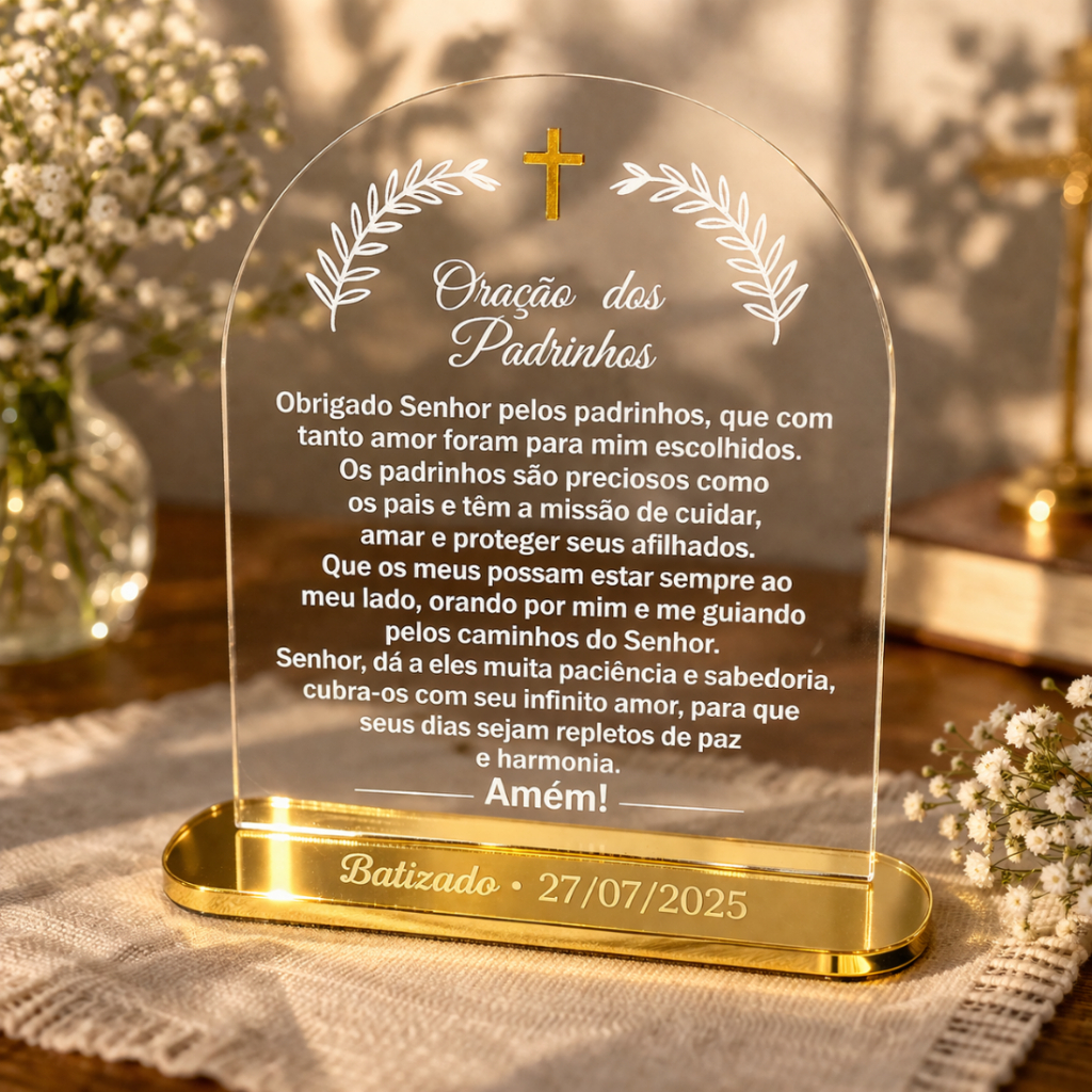 Lembrancinha de Batizado para Padrinhos Personalizado com Oração em Acrílico 15x12