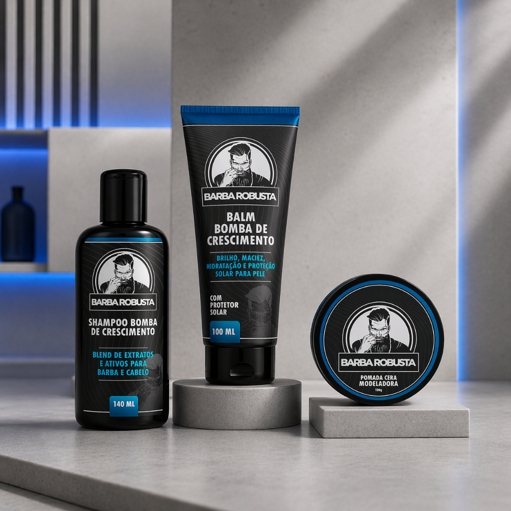 Produtos para Cuidados da Barba, Shampoo, Balm e cera Barba Robusta