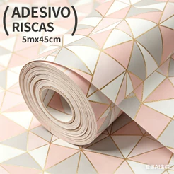 Papel de Parede Zara Rosa Cinza Dourado Geométrico Autocolante Premium 5m x 45cm para Quarto e Sala 1/2/3 Peças