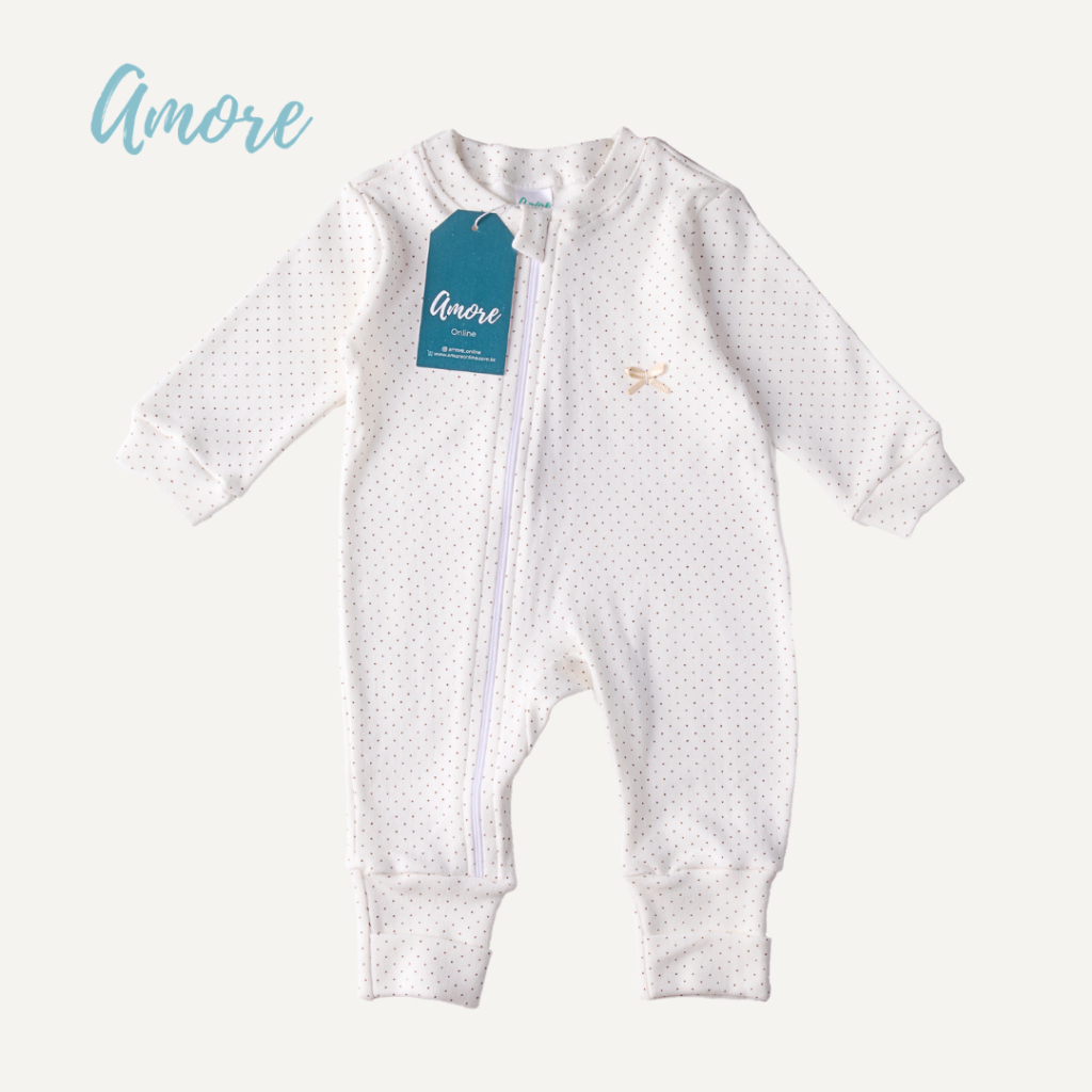 Macacão de Bebê Amore Vira Pé Bolinha Com Zíper 100% Algodão
