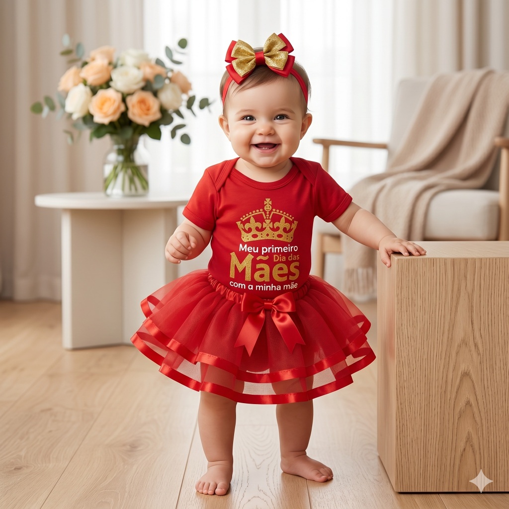 Body Bebê Dia das Mães Menina Roupa Infantil Temático body algodão Saia Tutu + Faixa