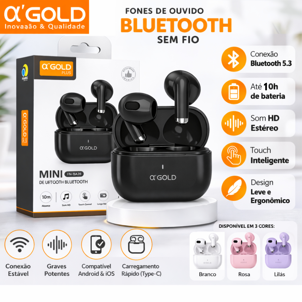Fone De Ouvido Bluetooth Sem Fio Original Agold Som Imersivo Com Cancelamento De Ruido Android e Ios