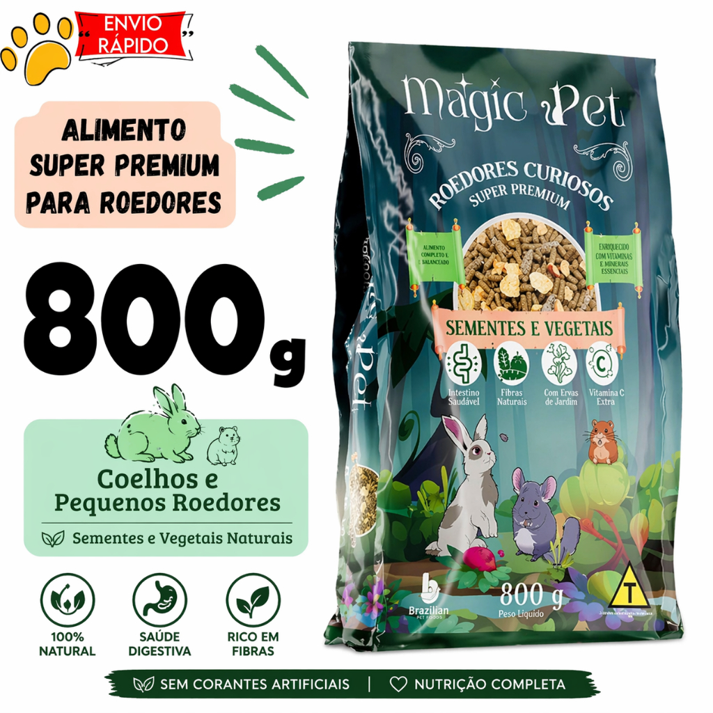 Ração para Roedores Magic Pet 800g Super Premium  Alimento Completo com Sementes e Fibras Naturais