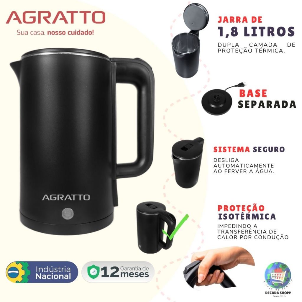 Chaleira Elétrica Térmica Aroma 1,8 Litros Agratto Moderna Jarra 1500w Preta Dupla Camadas 110V/220V