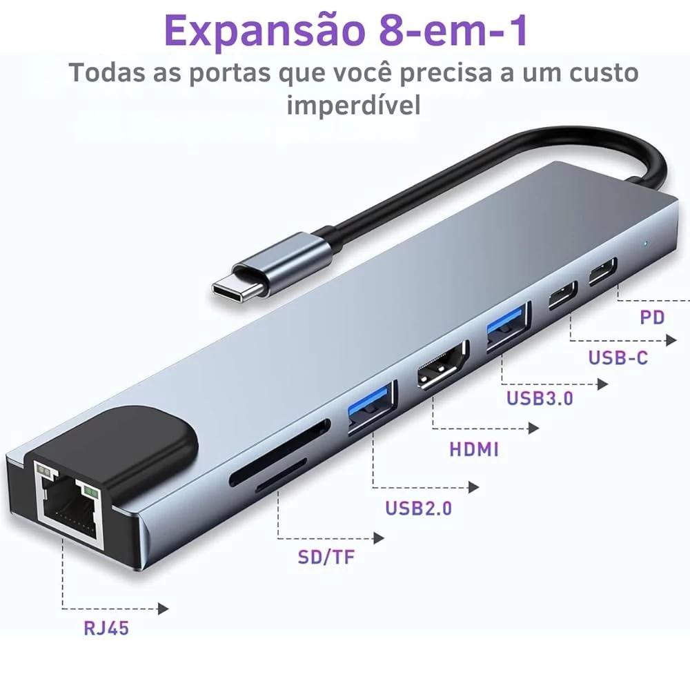 Hub USB C 8 em 1 com HDMI 4K RJ45 Adaptador Tipo C com USB 3.0 PD para Notebook MacBook Celular