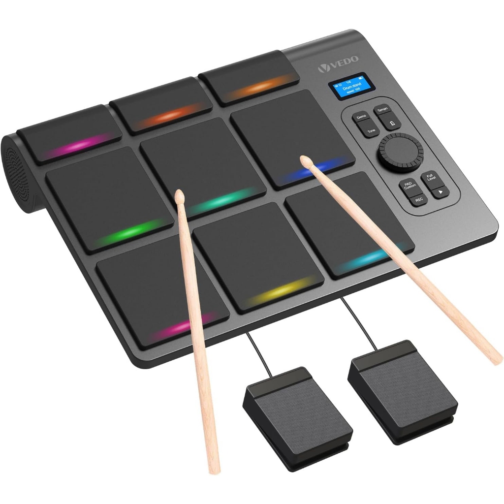 Bateria eletrônica de mesa com 2 alto-falantes, 9 pads, iluminação colorida, MIDI, várias opções de conexão de áudio