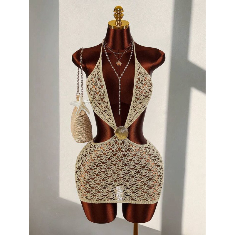 Vestido Curto Feminino Crochê Saída de Praia Sereia Sensual Moda Praia Festa Cruzeiro Resort Bege