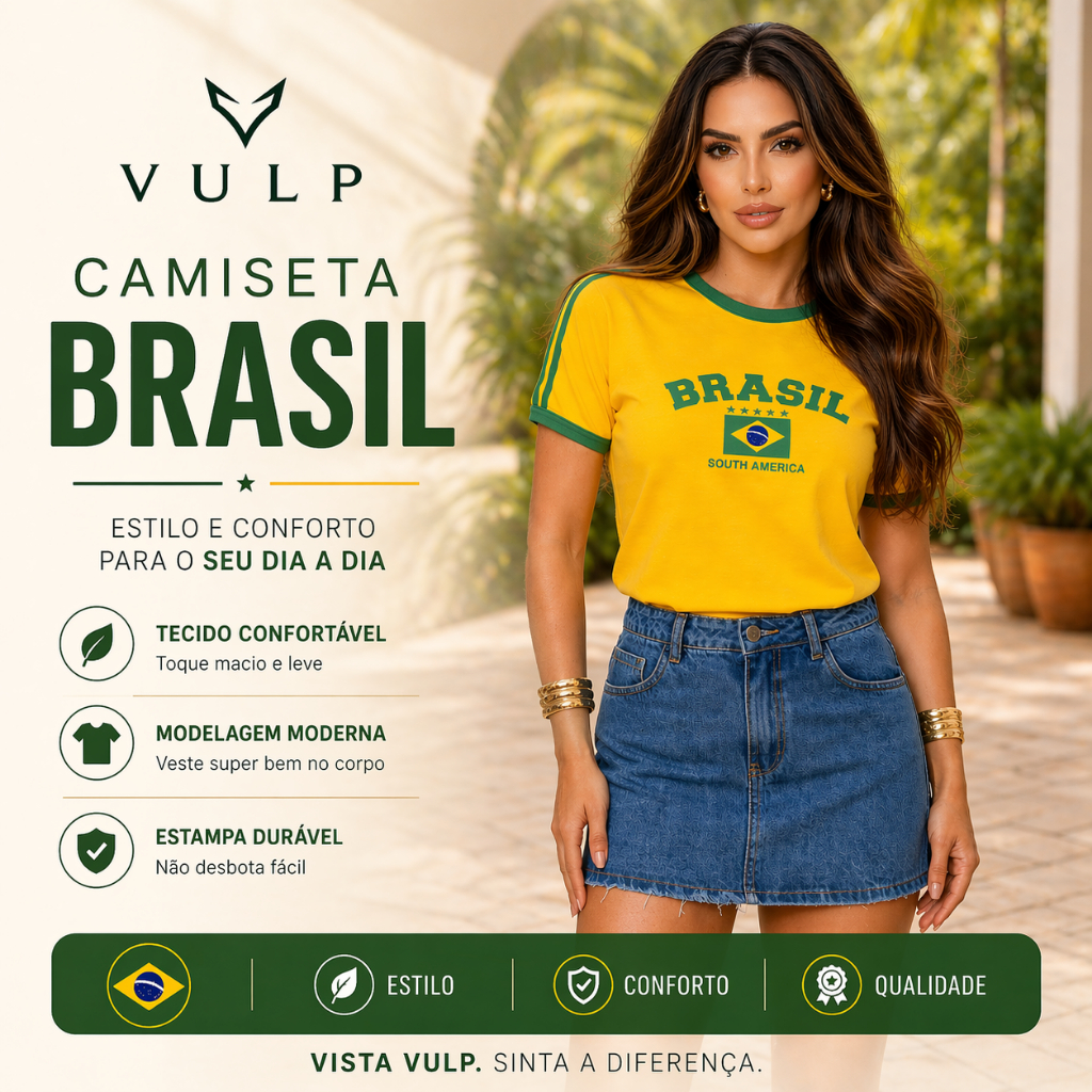 Camiseta Feminina do Brasil Baby Look Algodão Camisa Seleção Brasileira Estampada