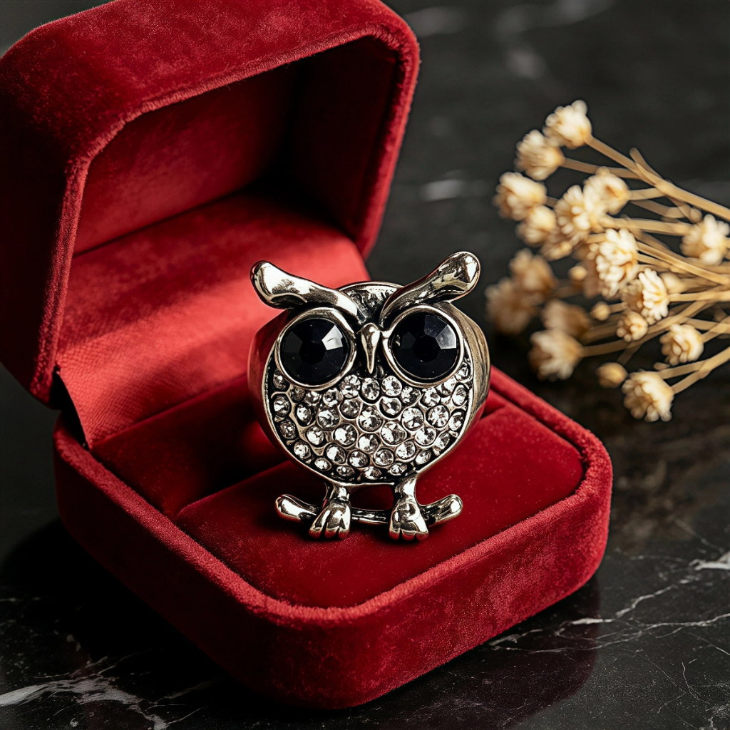 ZW-Anel Coruja Antigo Vintage, Presente de Dia das Maes , Joia Acessorio Feminino com Strass Luxuoso