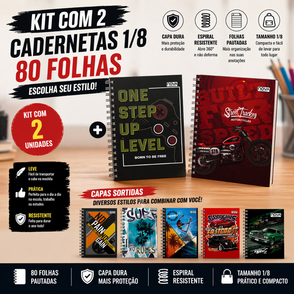 Kit com 2 Cadernetas Pequenas 1/8 80 Folhas – Espiral, Capa Dura | Ideal Escola e Dia a Dia