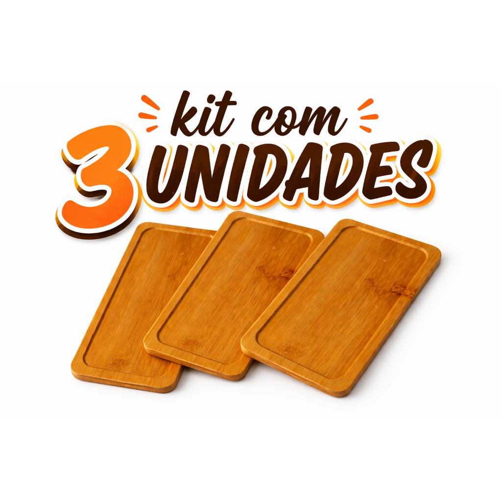 Kit 3 Bandejas de Bambu Retangular Para Cozinha Lavabo