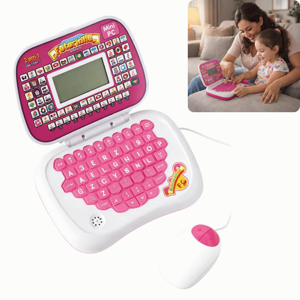 Notebook Infantil Educativo 2 em 1 Bilíngue Português Inglês Com Jogos Luz Som Teclado Mouse