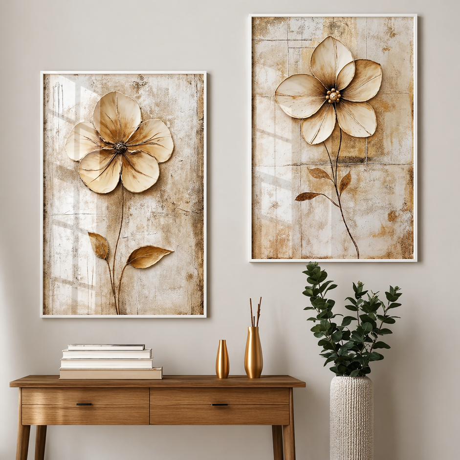 Quadro Decorativo 2 Peças Flor 3D Vintage Sépia Retrô Sala Quarto Decoração Elegante
