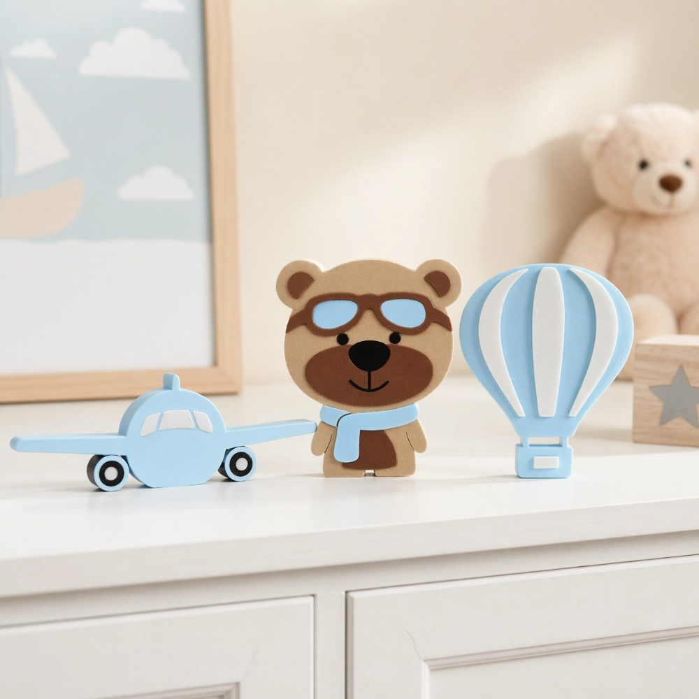 Kit Decoração Quarto Bebê Ursinho Baloeiro 3 Peças Enfeite de Mesa Chá de Bebê Decoração de Quarto