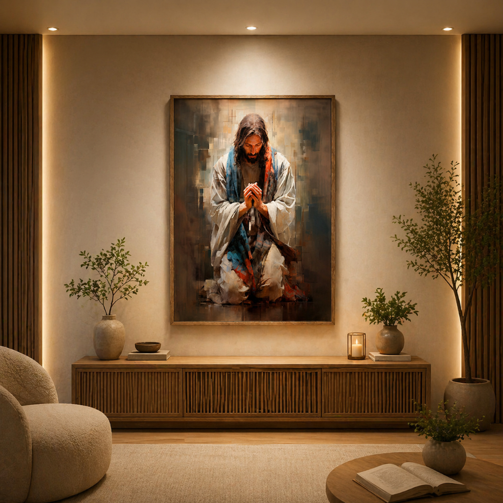 Quadro Decorativo Jesus Orando O Pai Nosso 1 Tela com Moldura 50x75cm ou 60x90cm para Sala Quarto ou Escritório