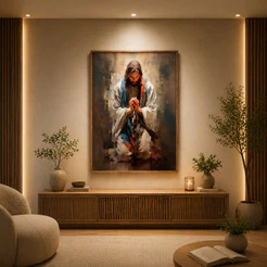 Quadro Decorativo Jesus Orando O Pai Nosso 1 Tela com Moldura 50x75cm ou 60x90cm para Sala Quarto ou Escritório