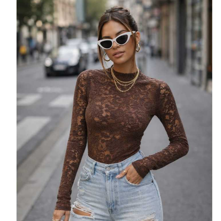 Body Renda Floral Feminino Manga Longa Tendência Inverno
