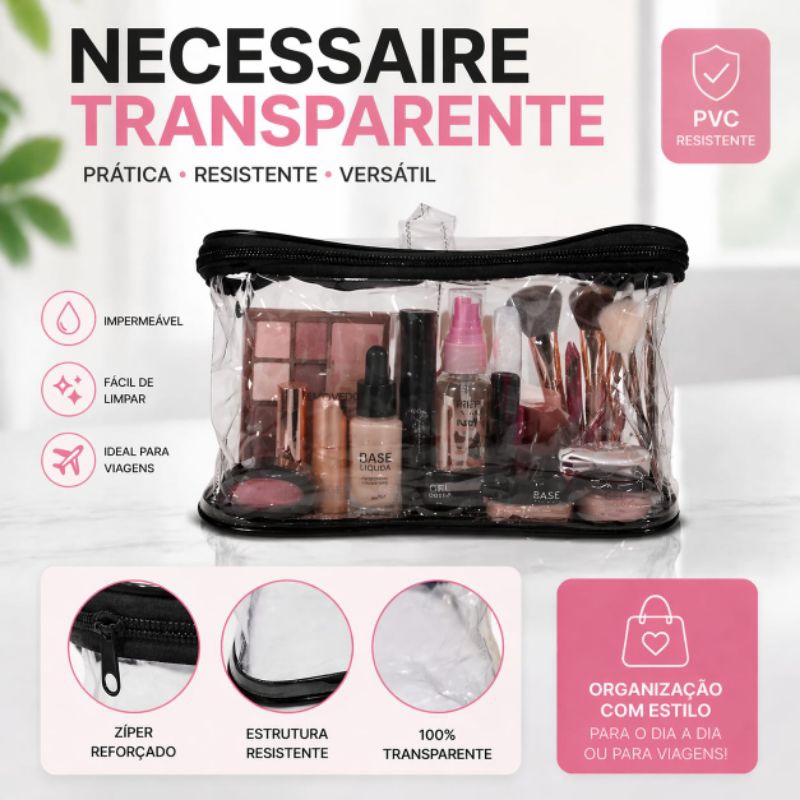 Nécessaire Transparente PVC Resistente – Estojo Impermeável para Viagem, Maquiagem, Remédios e Organizar