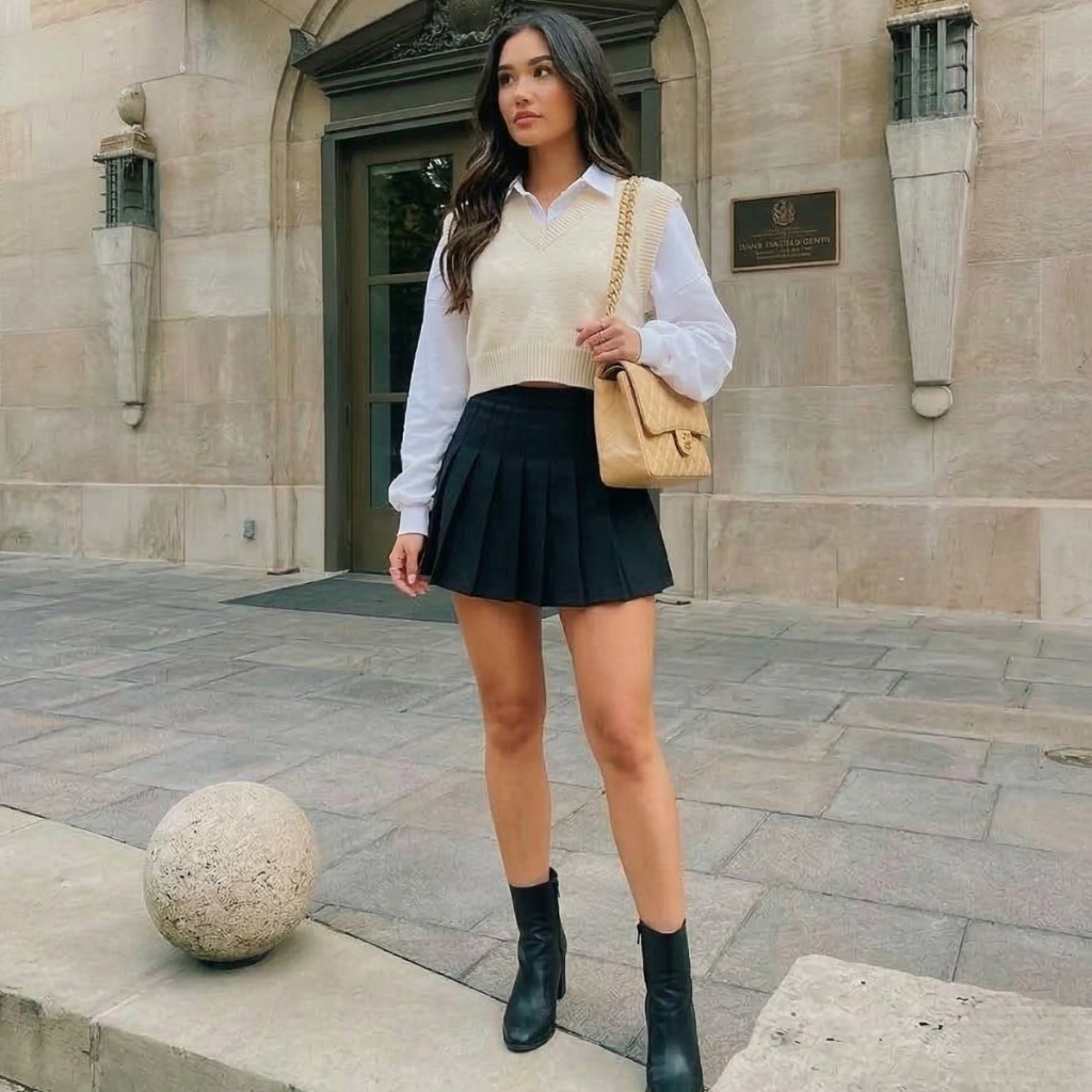 Saia Plissada Curta Alfaiataria Feminina Cintura Alta Colegial Tendência Aesthetic Blogueira Mini Saia De Pregas Premium