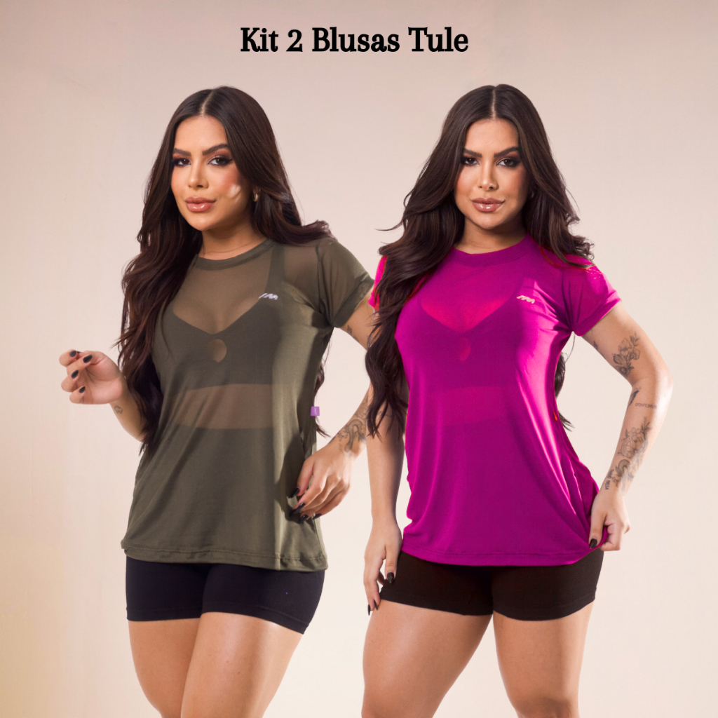 Kit C/2 Blusa Tule Fitness Feminina Transparente Academia Treino Respirável Moda Esportiva Academia