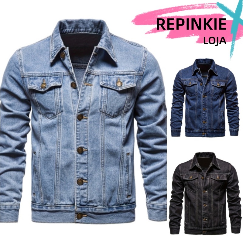 Jaqueta Jeans Masculina Motoqueiro Jacket com Botões de Bolsos Clássica Casual Slim