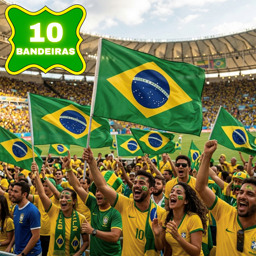 Kit 10 Bandeirinha De Mão C/ Haste Bandeira Do Brasil Poliéster 50x70 Enfeite Decoração Torcida Copa Do Mundo Eleições