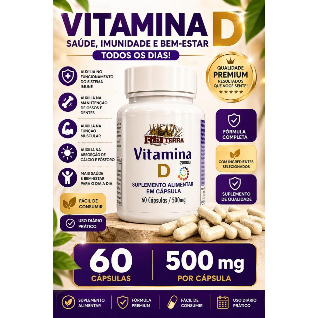 Vitamina D 2000UI 60 Cápsulas 500mg Suplemento Alimentar Original Auxilia Imunidade Ossos Uso Diário
