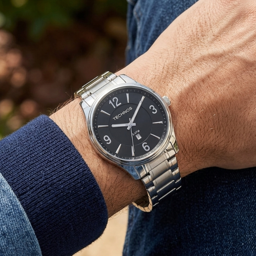 Technos Masculino Steel Relógio Aço Prata Mostrador Preto 2015BZBS/1P