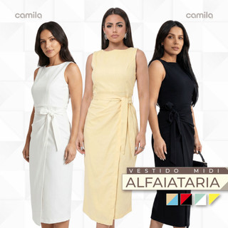 Vestido Alfaiataria Midi Feminino em Linho Elegante com Amarração Lateral Social Casual Festa