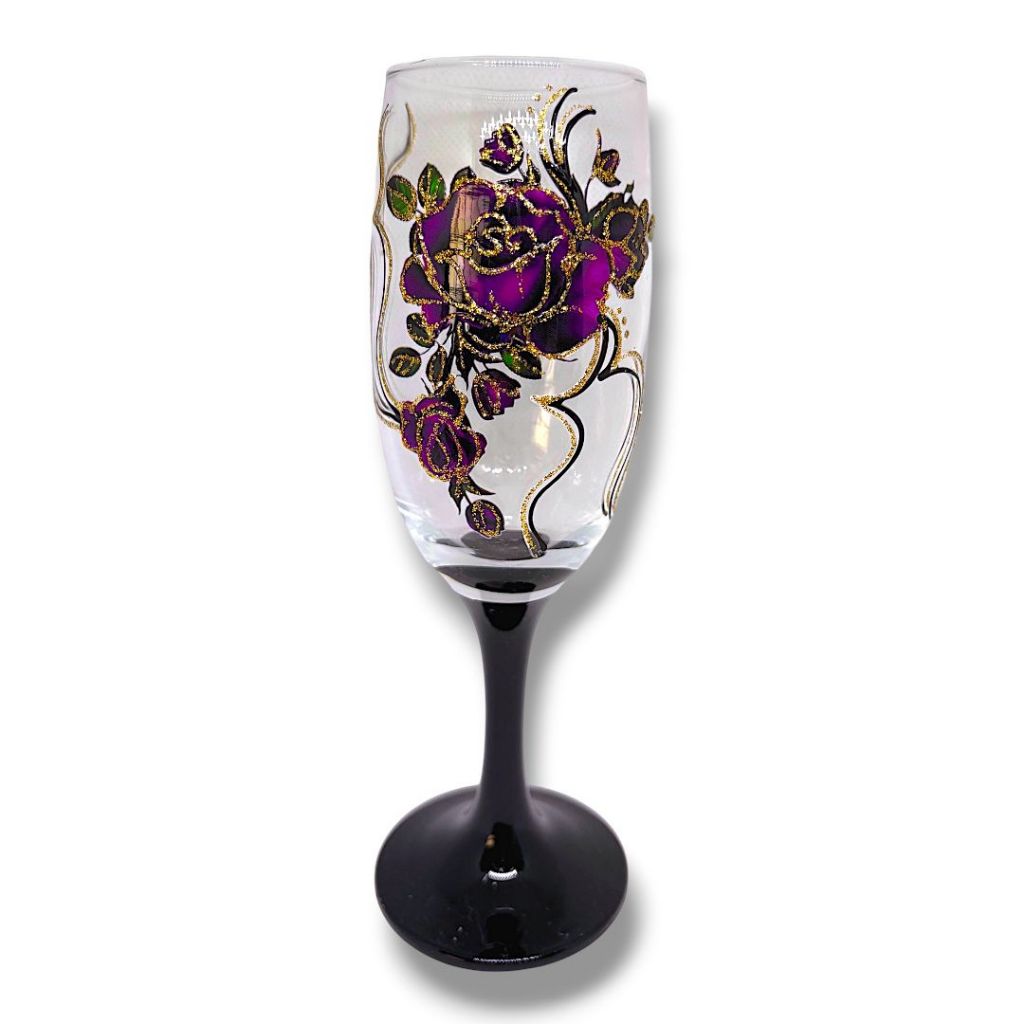 Taça Rosas Roxas Detalhes Dourados Fundo Preto - Vidro Pomba Gira Dama da Noite Maria Padinha Quiteria Rainha da Calunga