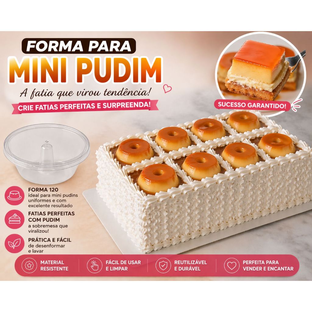Forma Mini Pudim em ATACADO 120ml Plastilania | Sucesso da Fatia com Pudim | Forma Profissional para Vender Muito