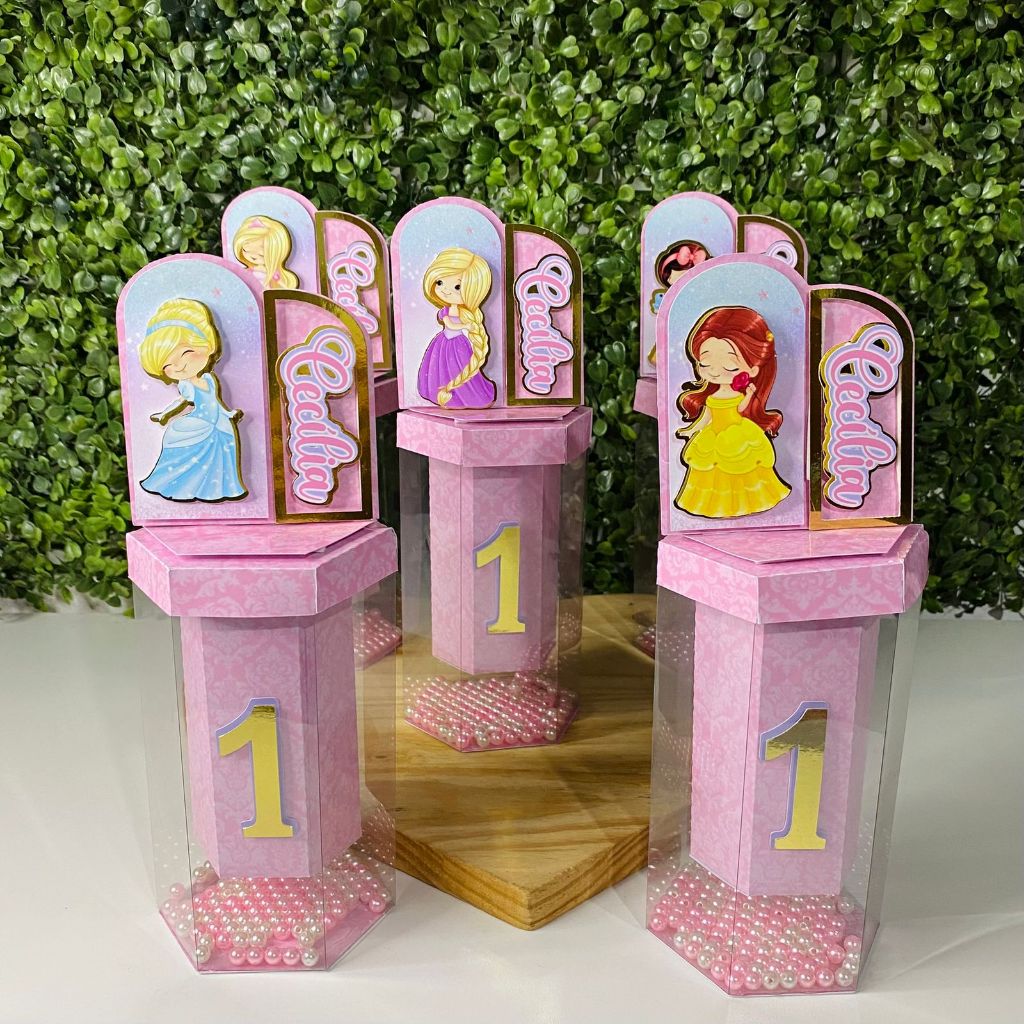 Caixa Vitrine Princesas Disney Cute Lembrancinha Luxo Personalizada Nome e Idade Festa Infantil Delicada