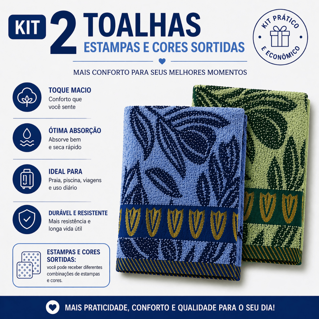 Kit 2 Toalha de Banho Macia Alta Absorção Secagem Rápida Confortável Uso Diário Viagem Sortidas