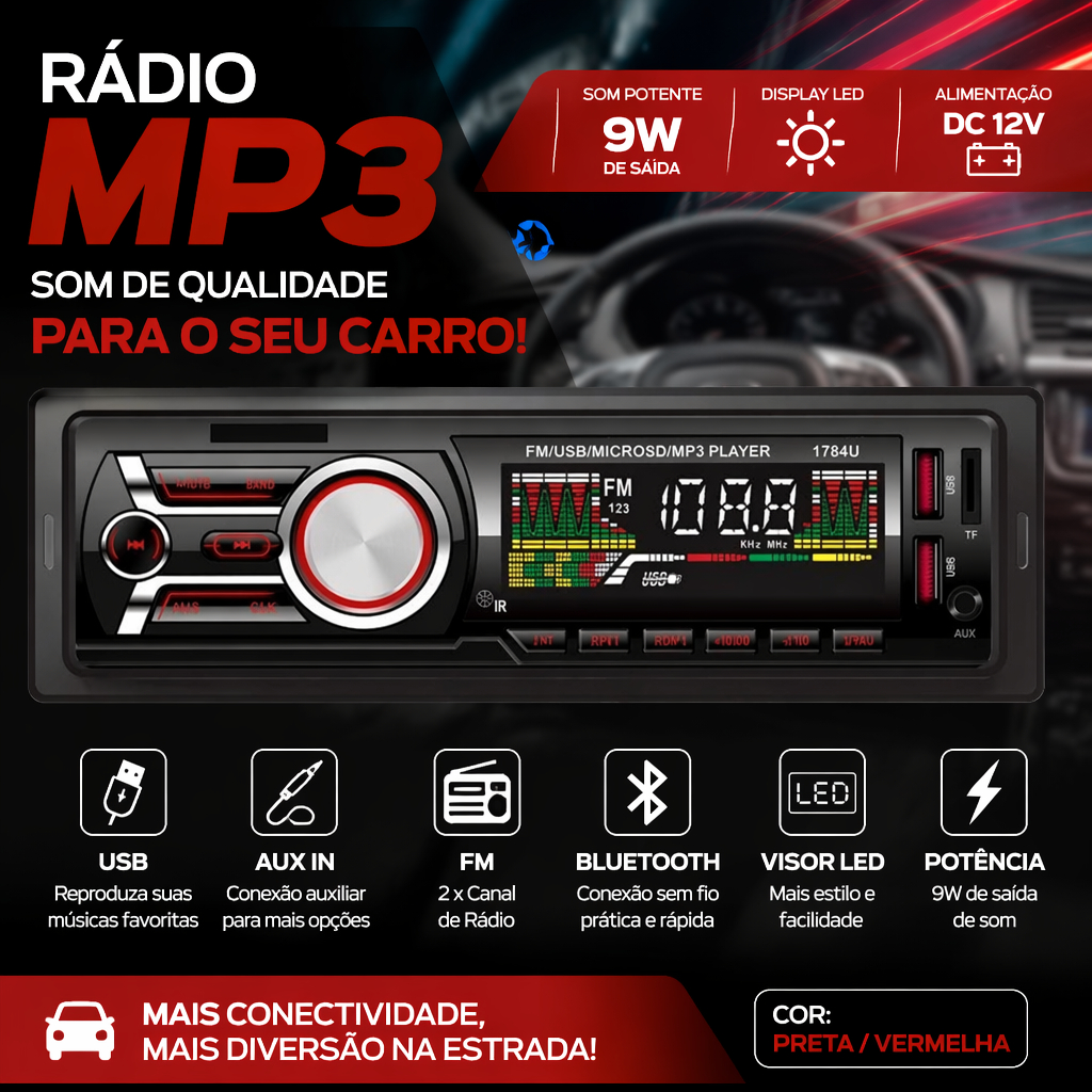 Aparelho De Som Automotivo Rádio De Carro Bluetooth Dupla USB Pendrive SD Rádio Aux In Mp3 Player Visor Led 9W