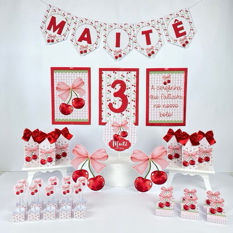 Kit Só um Bolinho Personalizado Festa Cerejinha Cereja Mesversario Lembrancinha Aniversário Decoração